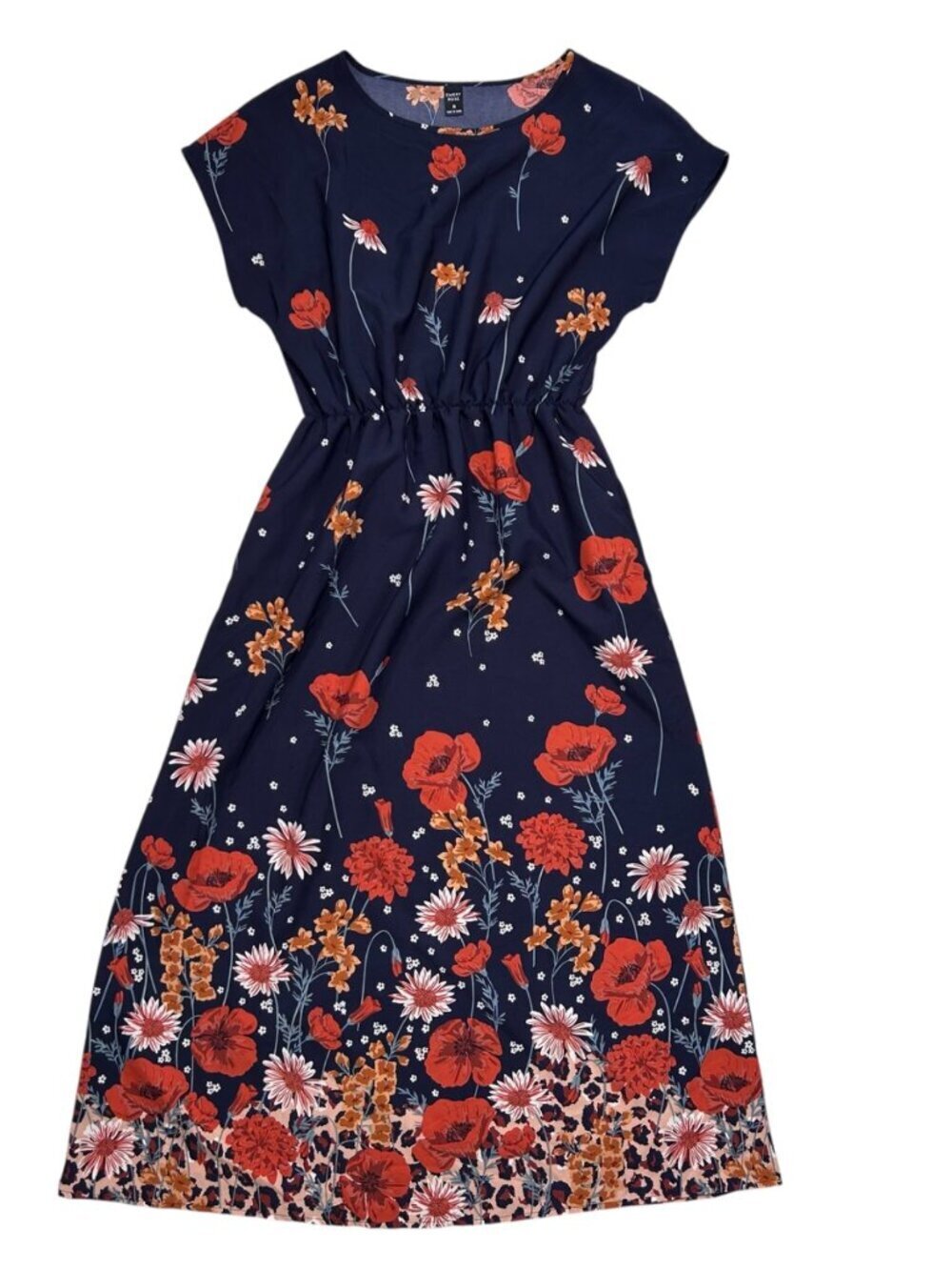 Emery Rose Navy Poppy Medium Floral Midi Dress A-Line Wedding Guest Party